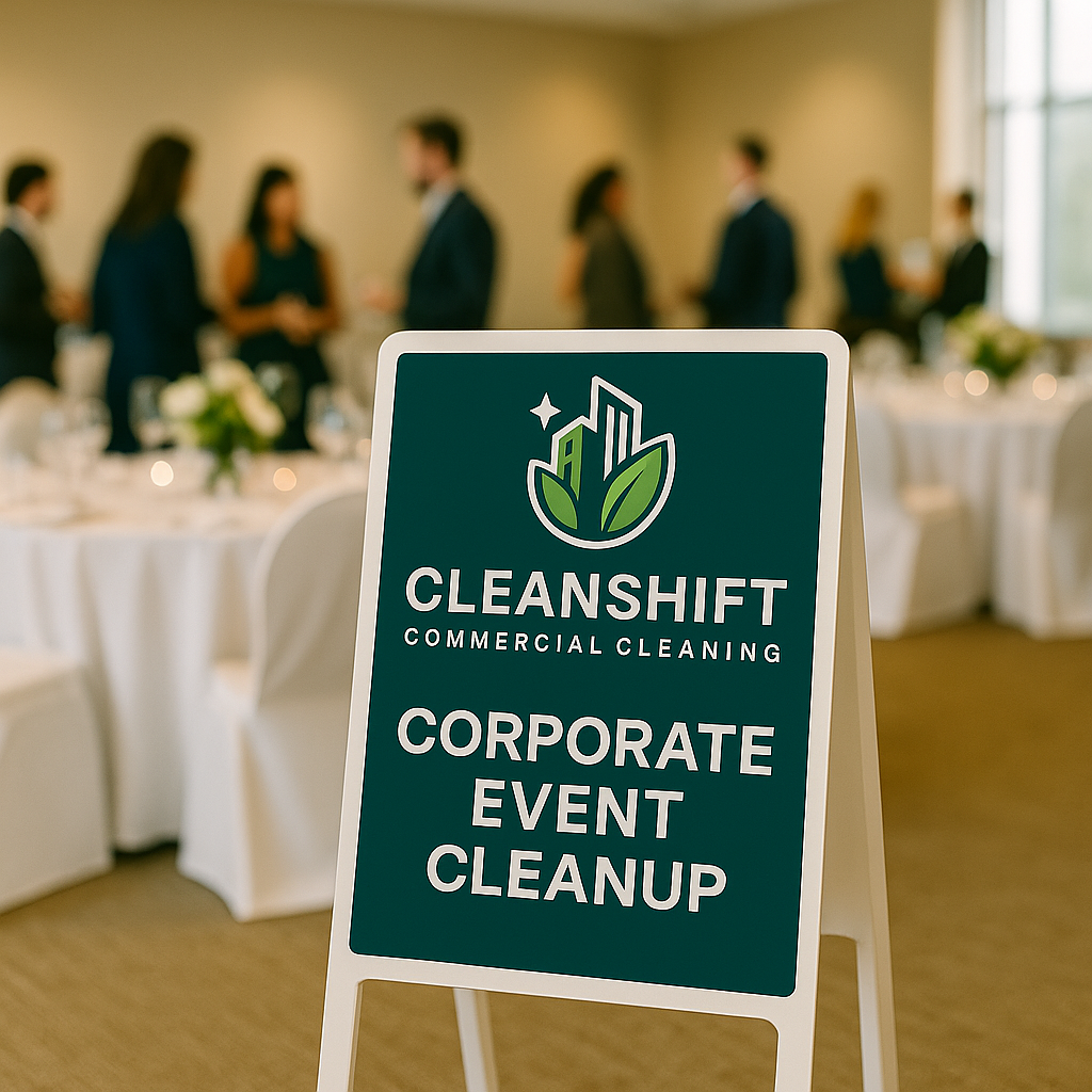 CleanShift Corporate Event Cleanup - Professional cleaning team with branded signage
