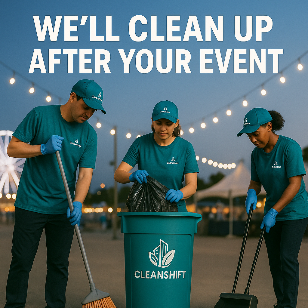 CleanShift team cleaning event venue space post-celebration