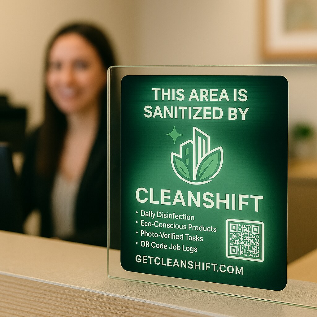CleanShift sanitization sign at a front desk reception area
